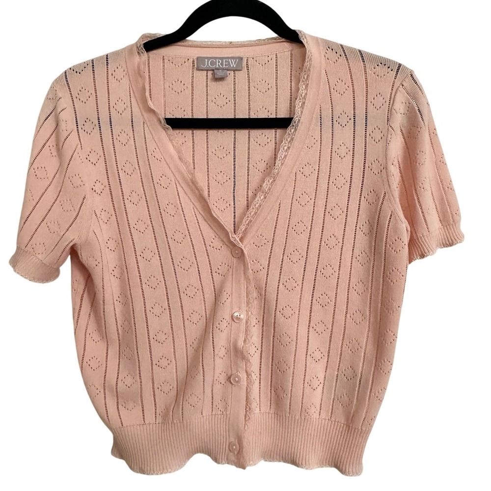 J. Crew Peach Pink Pointelle Lace Trim Short Sleeve Cardigan Sweater CK899 S